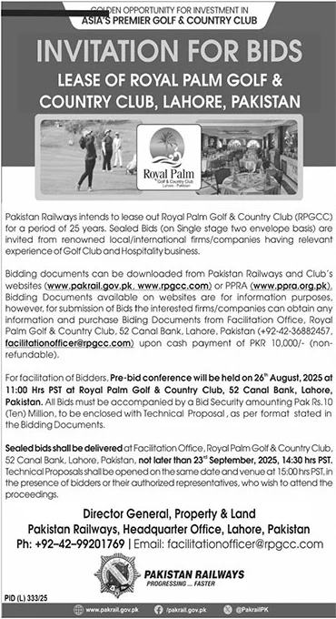 Pakistan Railways Lahore Tender Notice